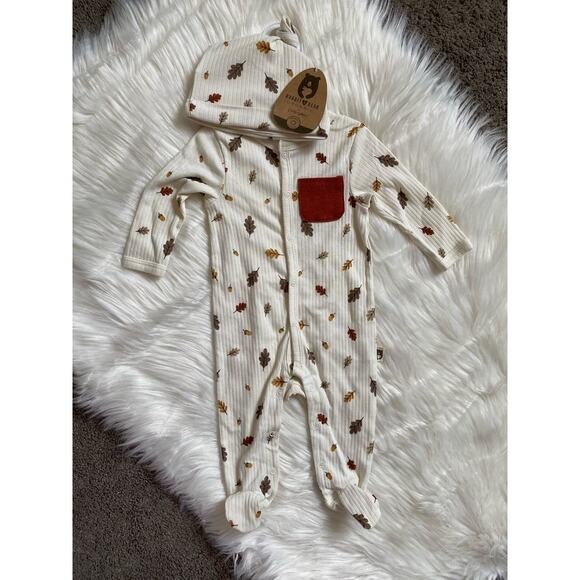 Rabbit Bear Other - Rabbit + Bear Boys 3-6M Organic Cotton Fall Leaves & Acorns Sleeper & Hat